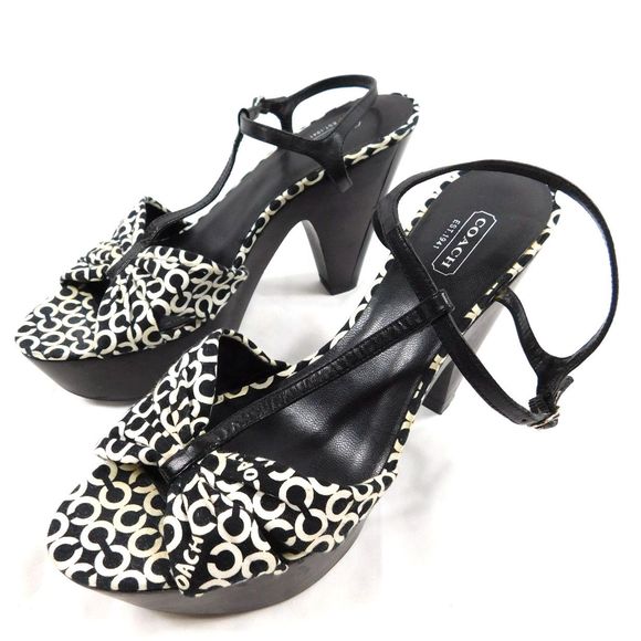 Coach Janeen Wooden Platform Heels Monogram Logo Sandals SZ 10B - Picture 1 of 10